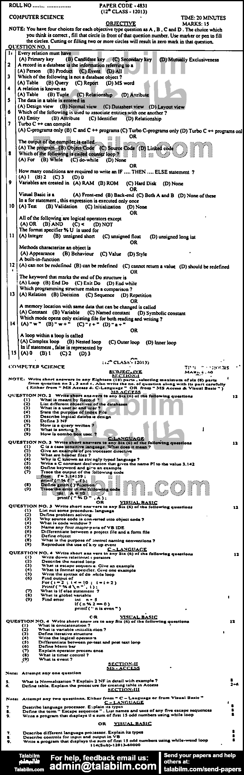 Computer Science 0 past paper for Group-I 2013