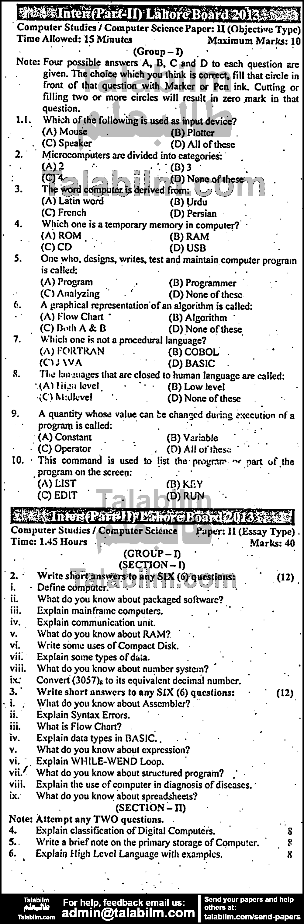 Computer Science 0 past paper for Group-I 2013