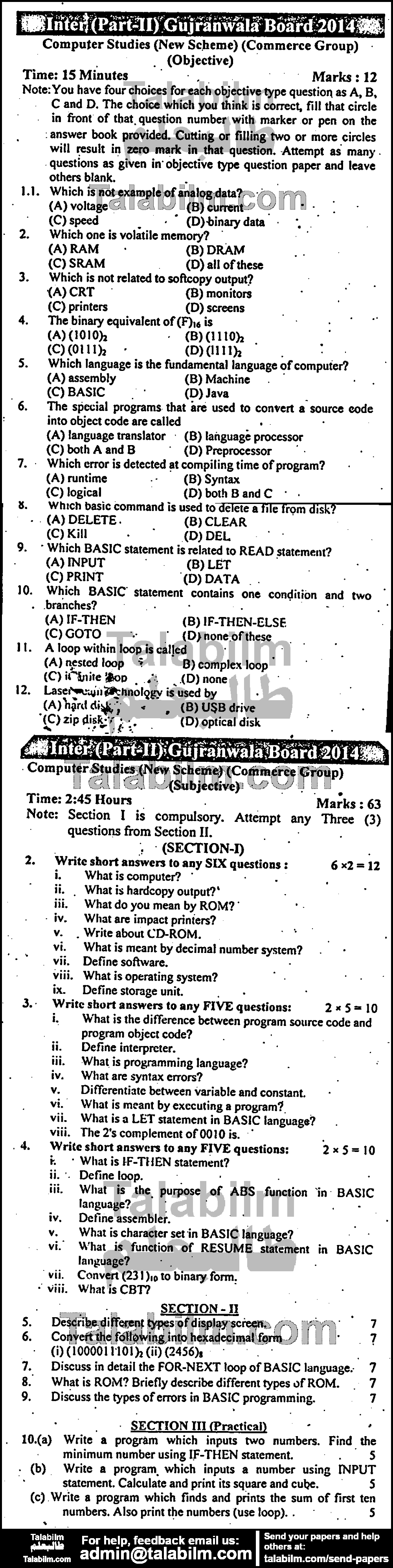 Computer Science 0 past paper for Group-I 2014