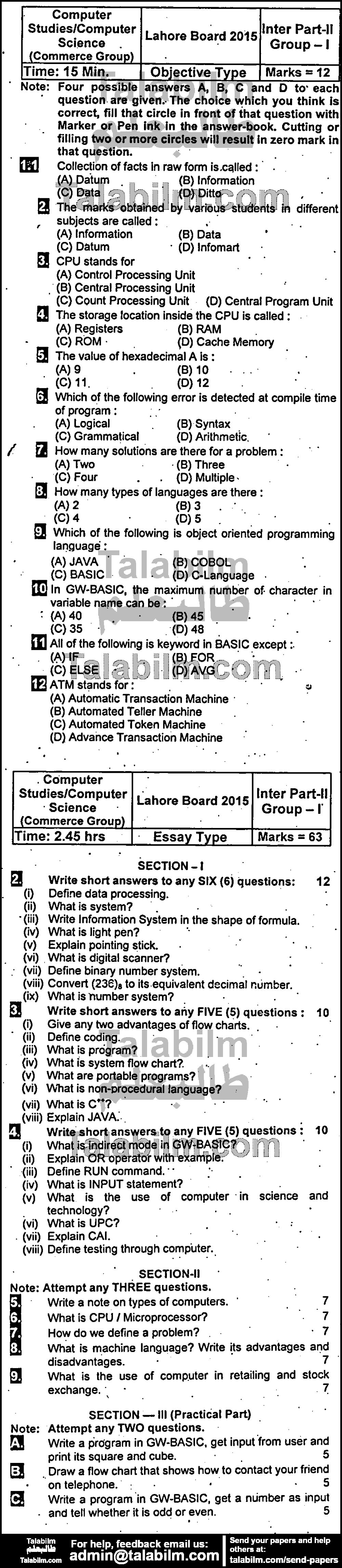 Computer Science 0 past paper for Group-I 2015