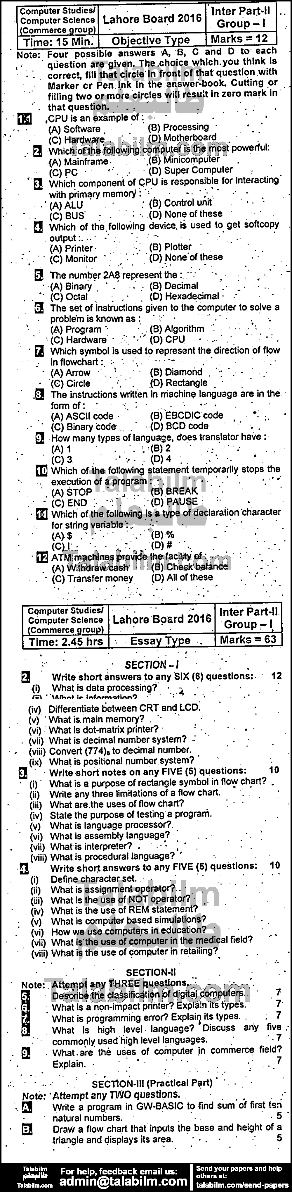 Computer Science 0 past paper for Group-I 2016