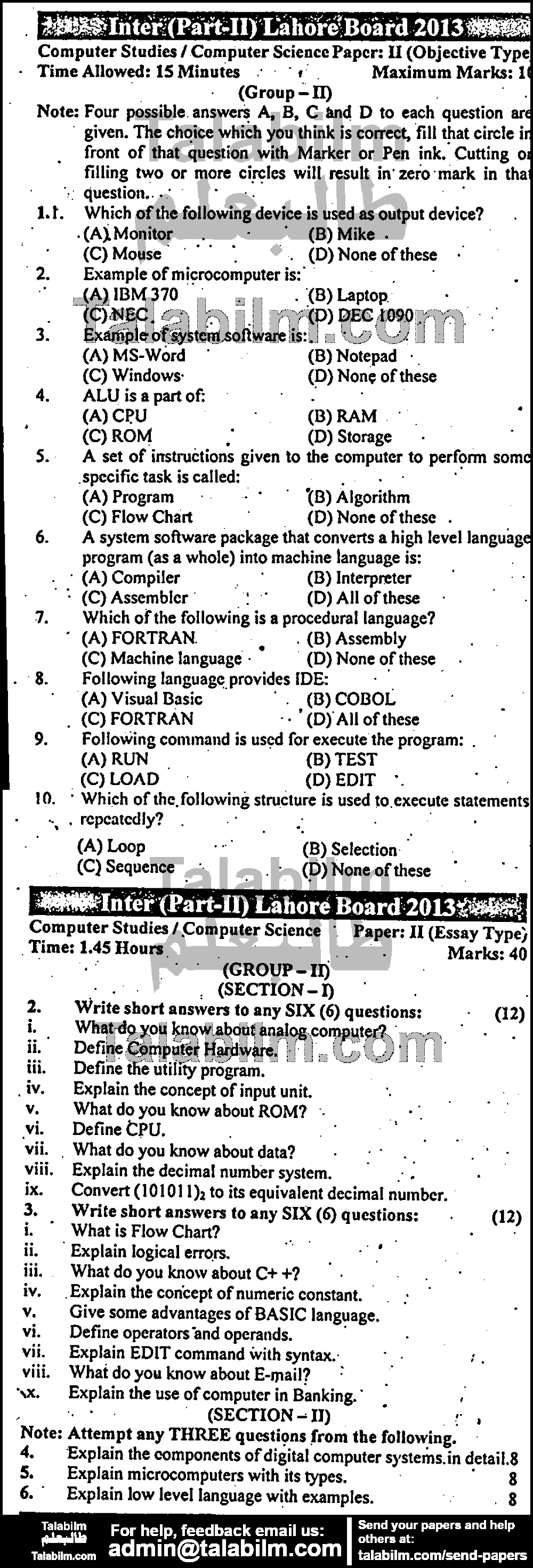 Computer Science 0 past paper for Group-II 2013