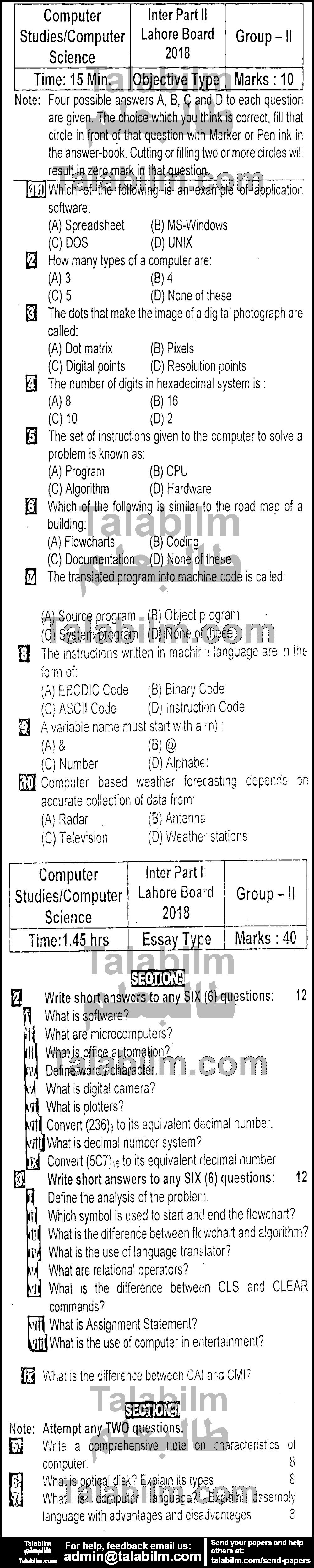Computer Science 0 past paper for Group-II 2018