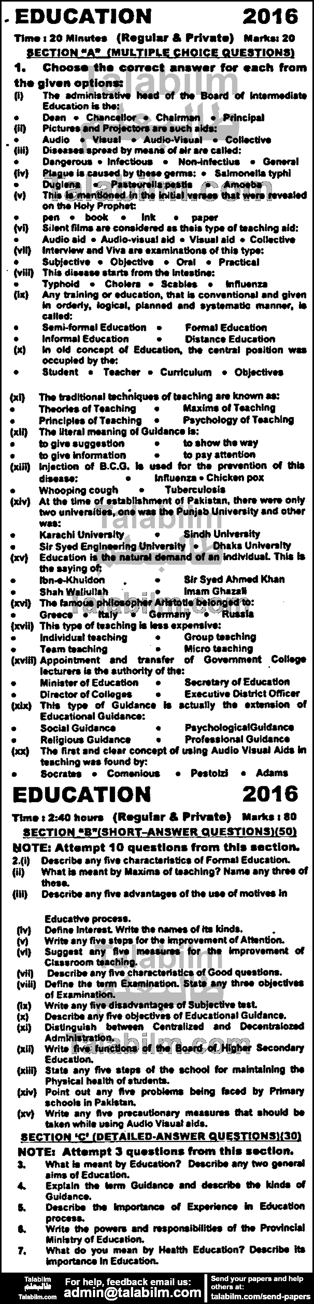 Education 0 past paper for Group-I 2016