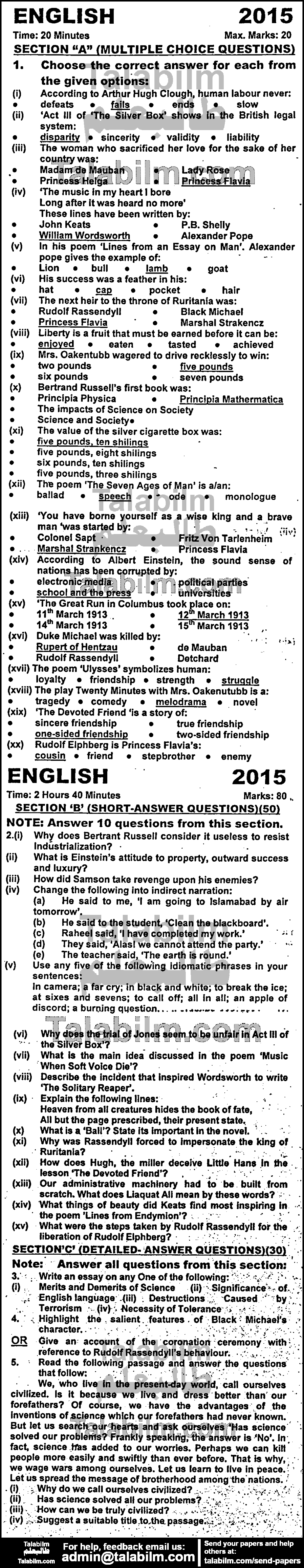 English 0 past paper for Group-I 2015