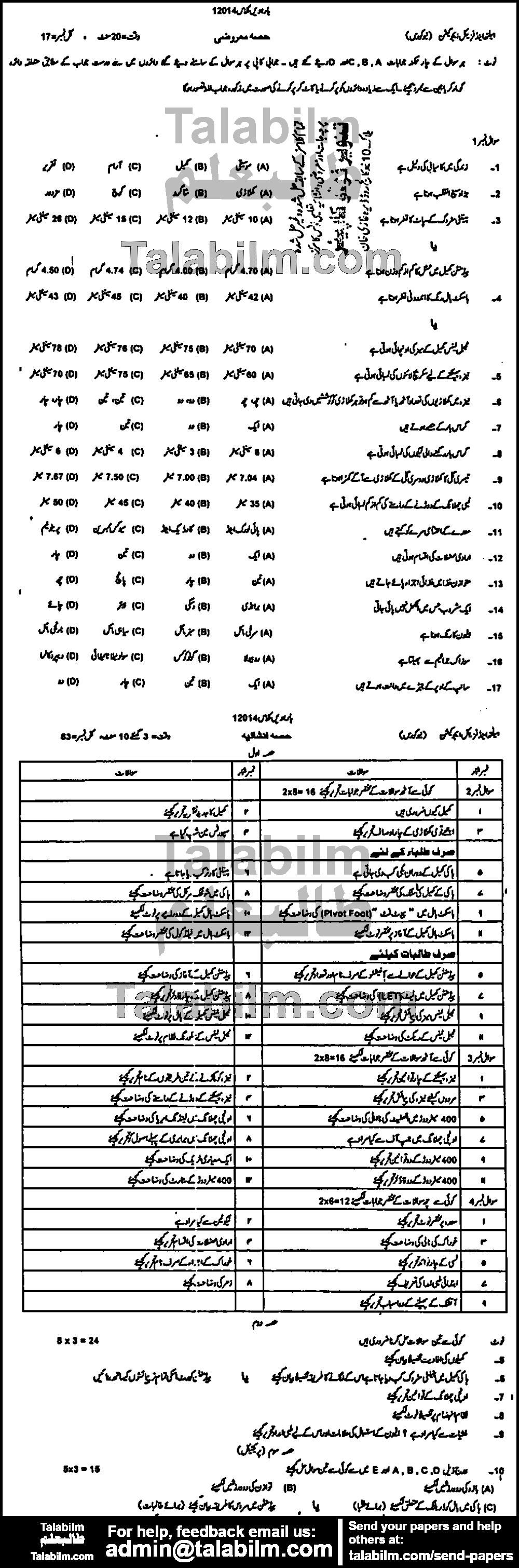 Health And Physical Education 0 past paper for Group-I 2014