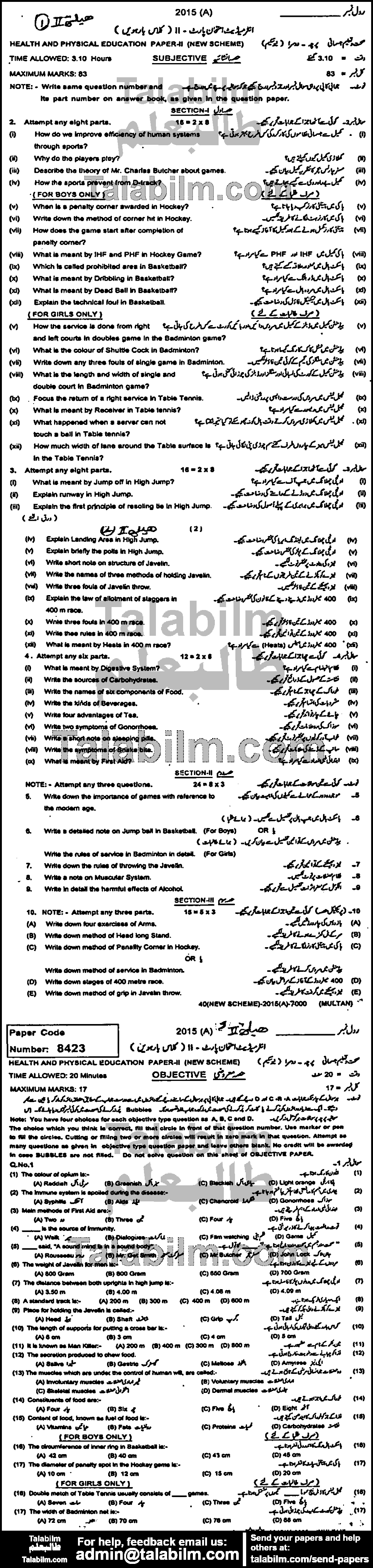 Health And Physical Education 0 past paper for Group-I 2015