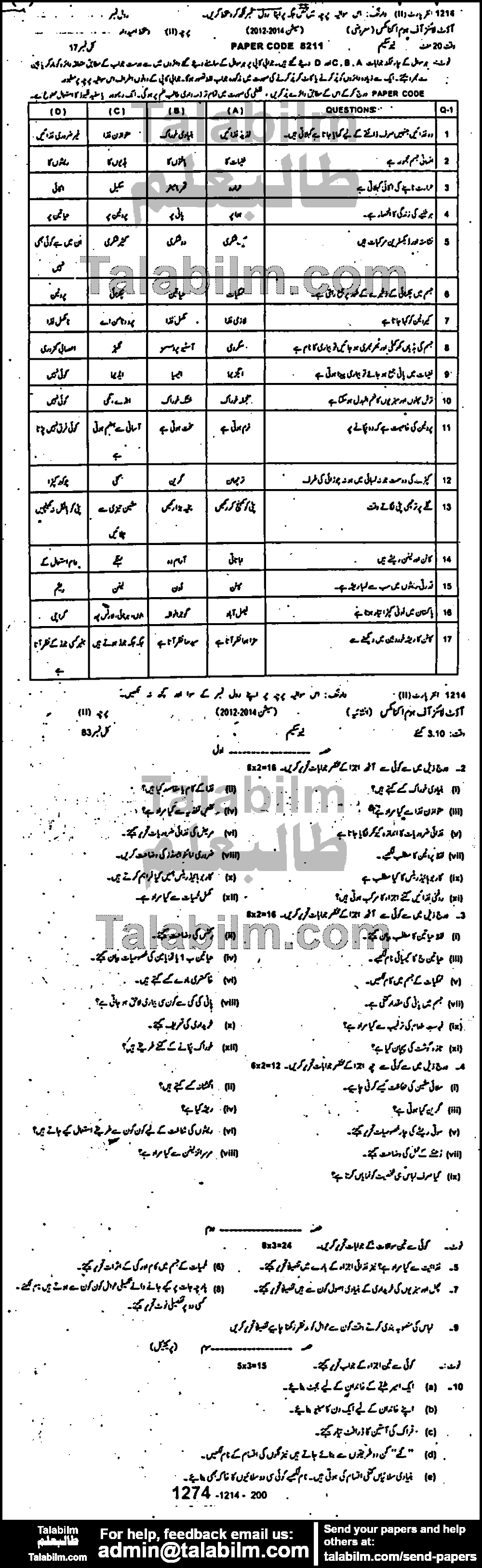 Home Economics 0 past paper for Group-I 2014