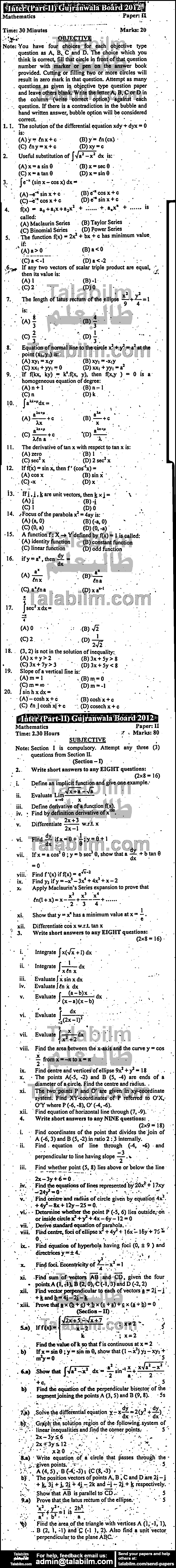 Math 0 past paper for Group-I 2012