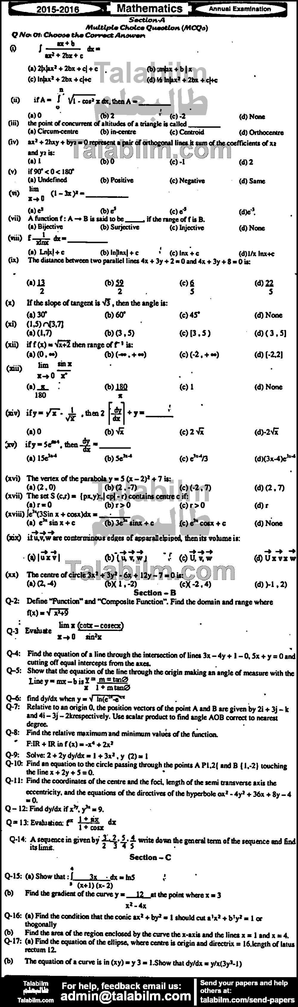 Math 0 past paper for Group-I 2016