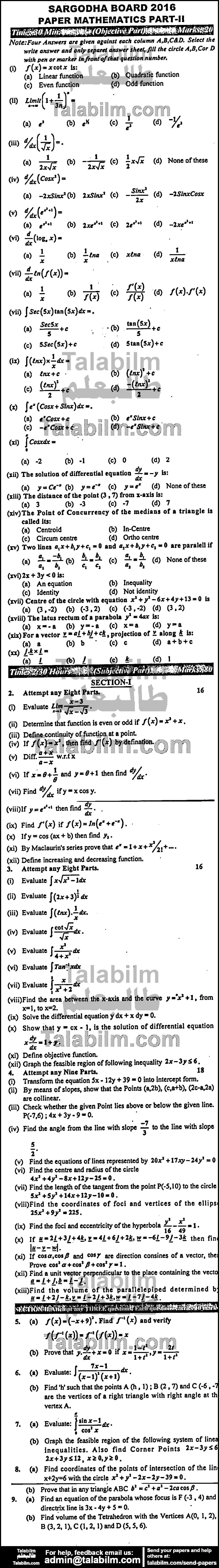 Math 0 past paper for Group-I 2016