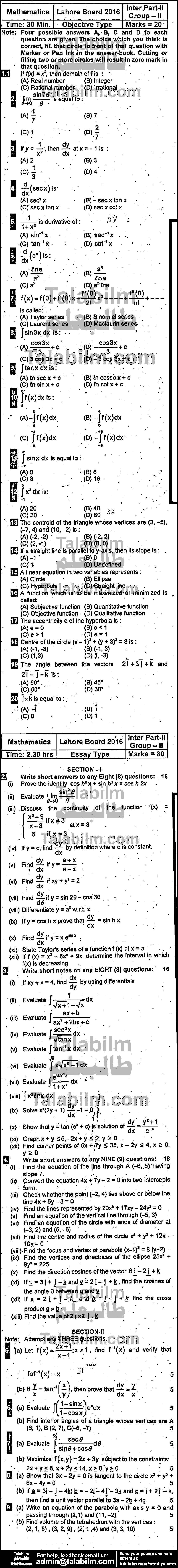 Math 0 past paper for Group-II 2016