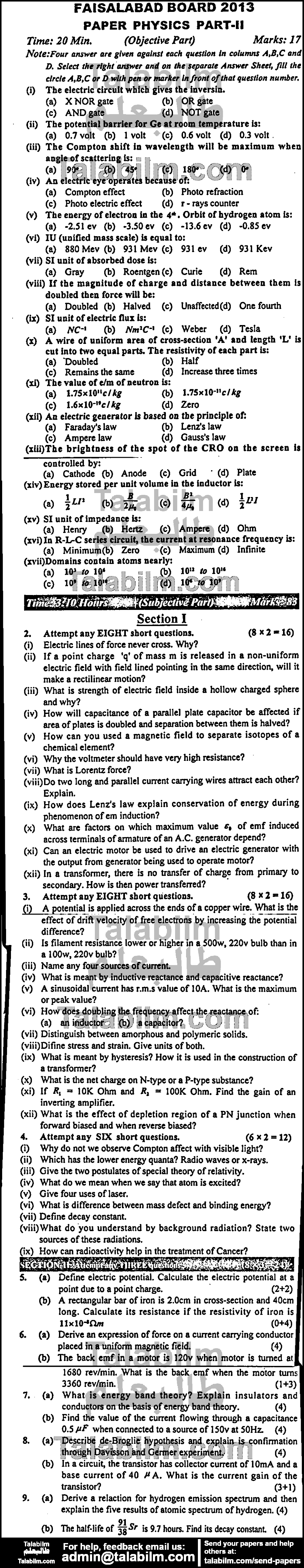 Physics 0 past paper for Group-I 2013