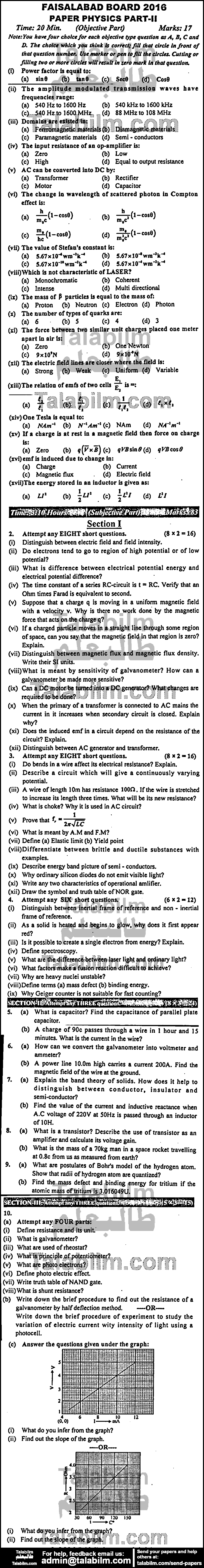 Physics 0 past paper for Group-I 2016