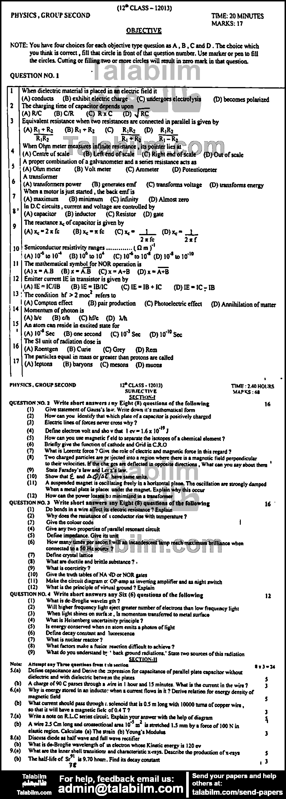 Physics 0 past paper for Group-II 2013