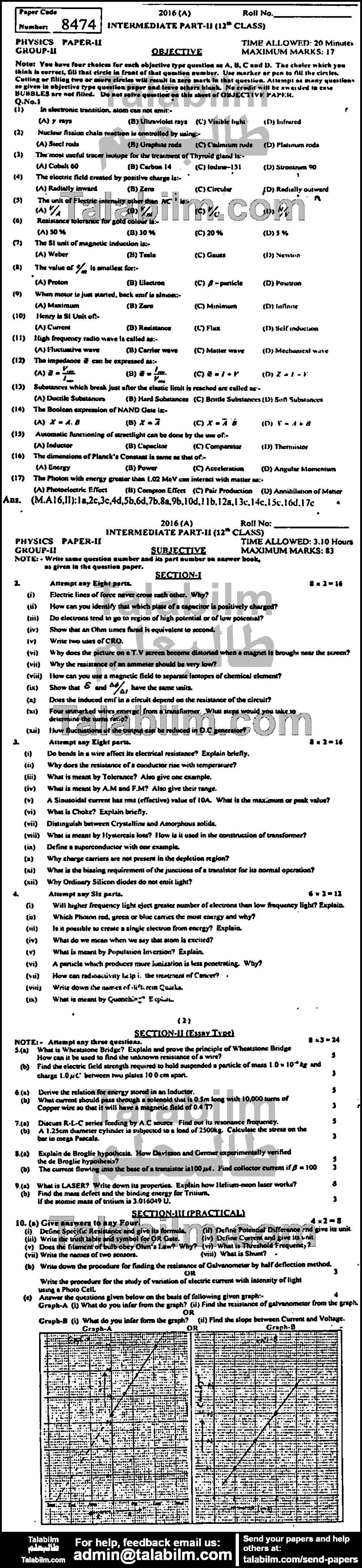 Physics 0 past paper for Group-II 2016