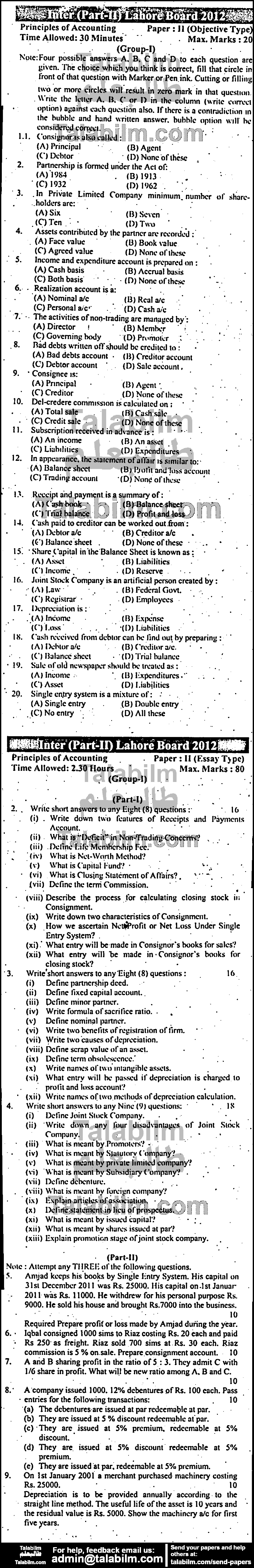 Principles Of Accounting 0 past paper for Group-I 2012