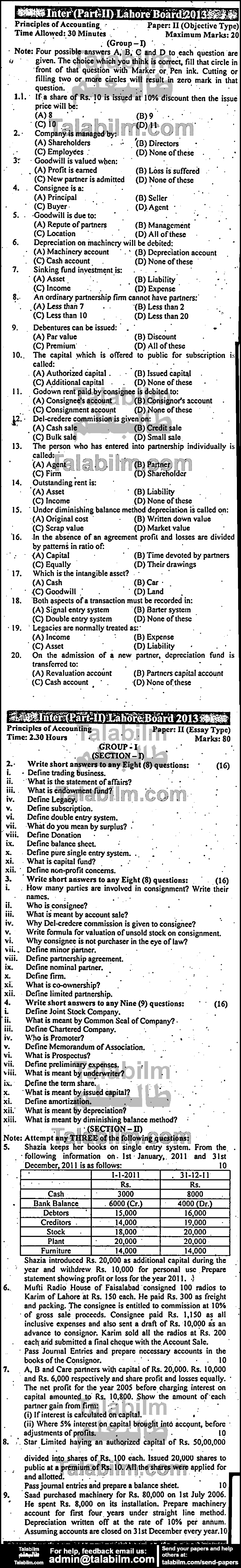 Principles Of Accounting 0 past paper for Group-I 2013