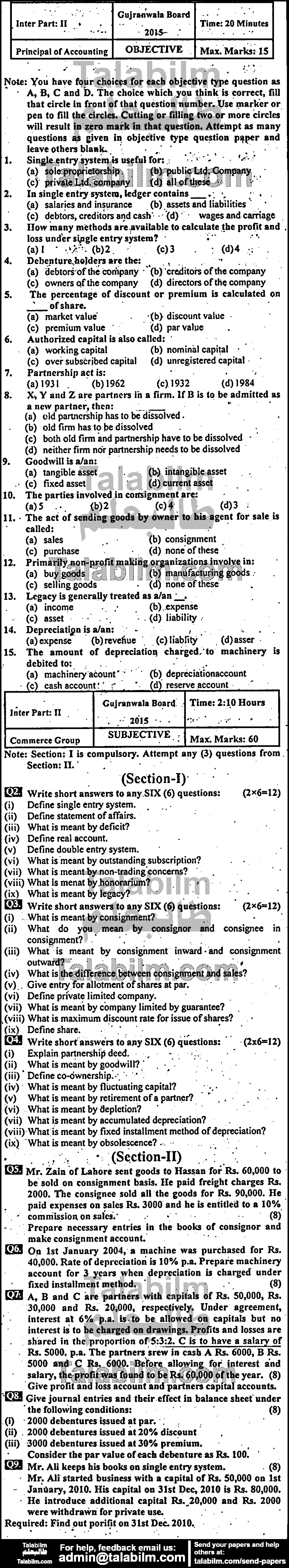 Principles Of Accounting 0 past paper for Group-I 2015