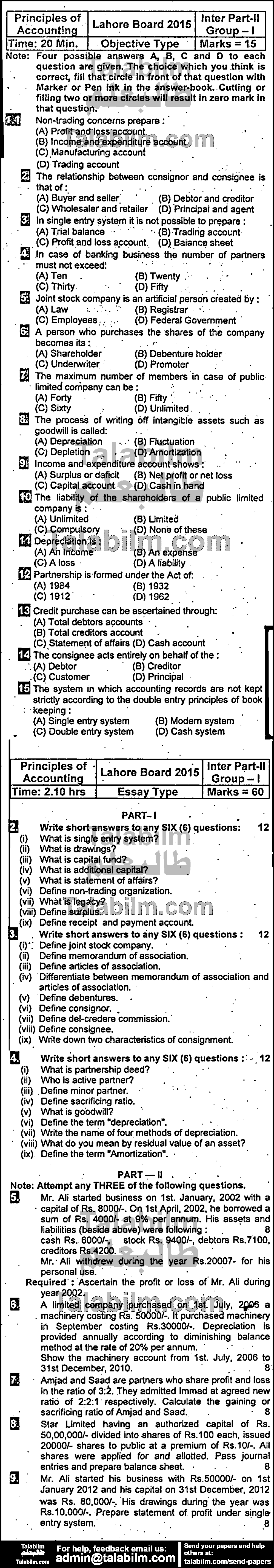 Principles Of Accounting 0 past paper for Group-I 2015