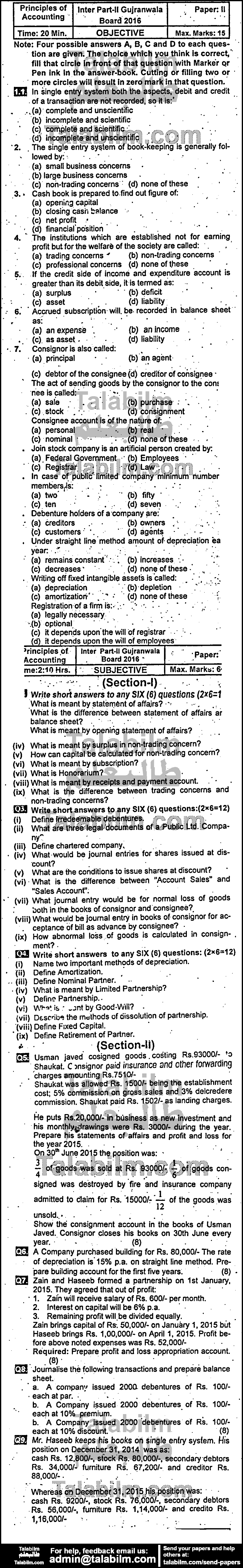 Principles Of Accounting 0 past paper for Group-I 2016