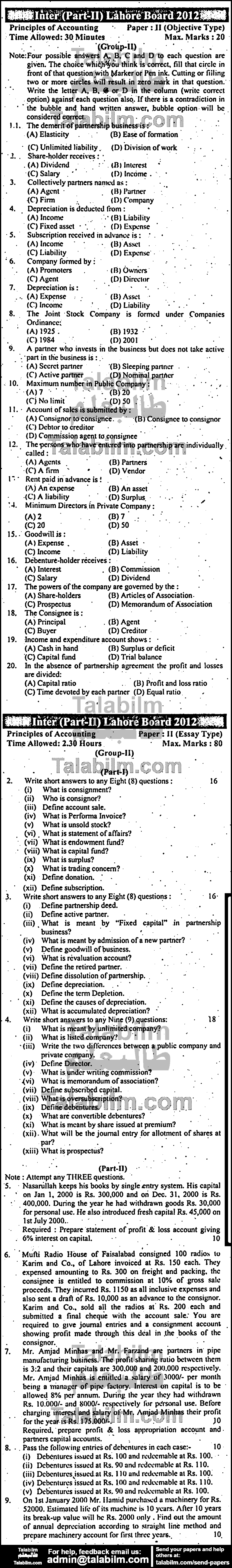 Principles Of Accounting 0 past paper for Group-II 2012