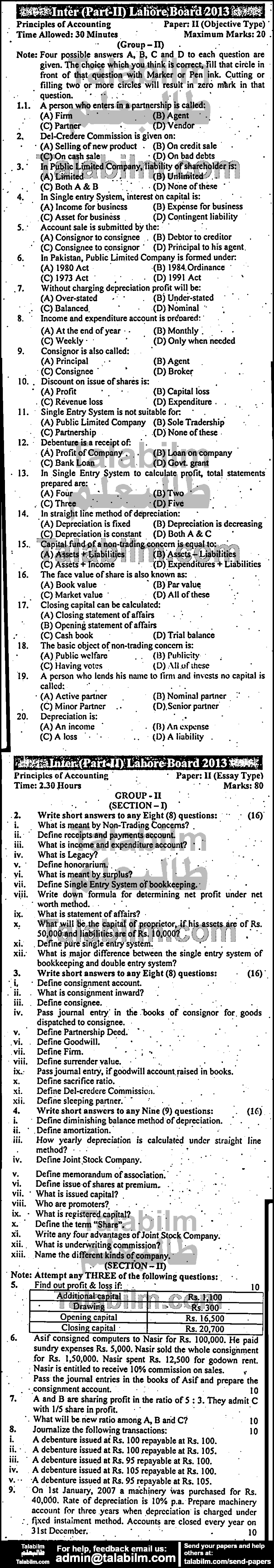 Principles Of Accounting 0 past paper for Group-II 2013