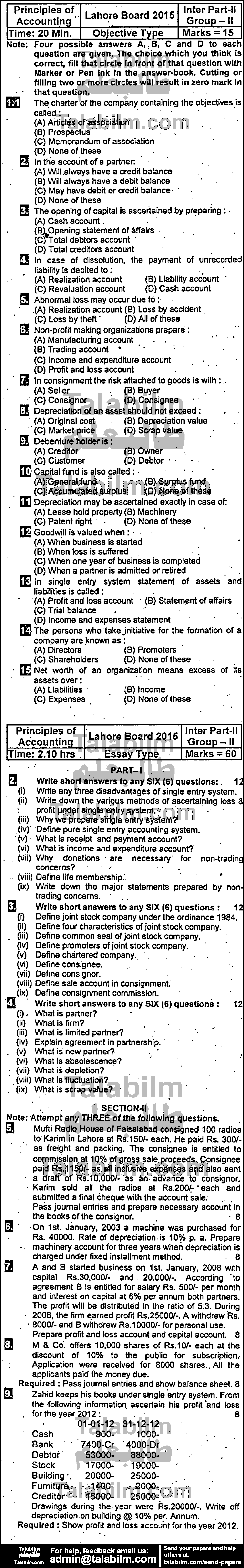 Principles Of Accounting 0 past paper for Group-II 2015