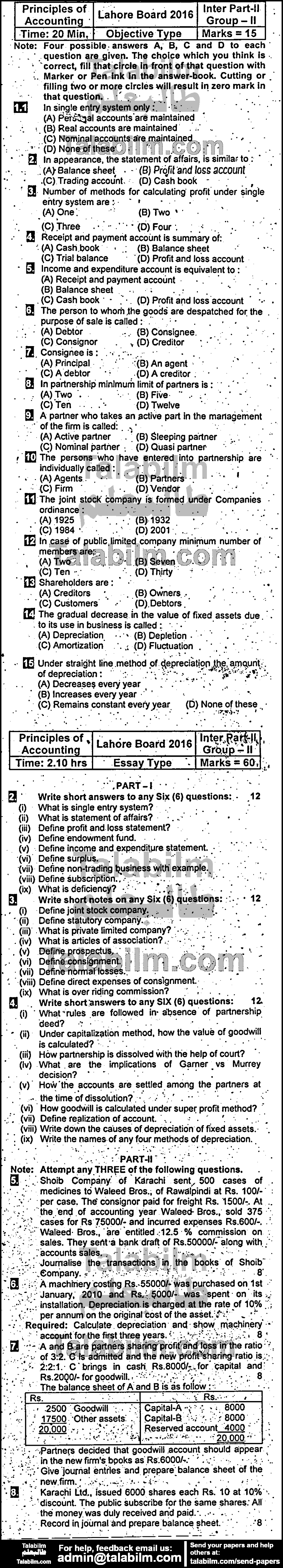 Principles Of Accounting 0 past paper for Group-II 2016