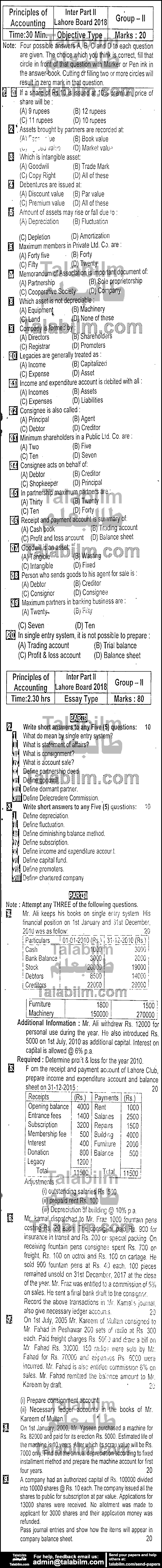 Principles Of Accounting 0 past paper for Group-II 2018