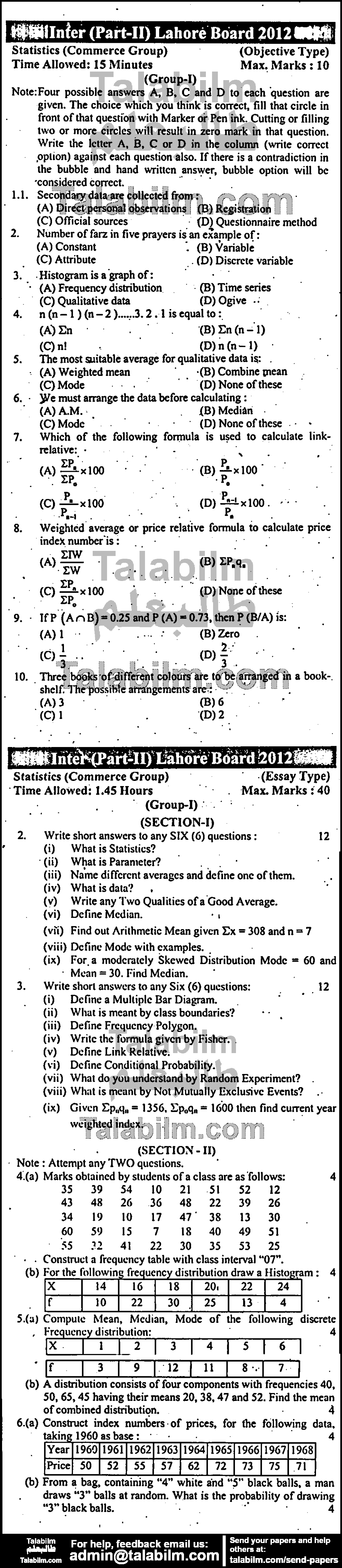 Principles Of Commerce 0 past paper for Group-I 2012