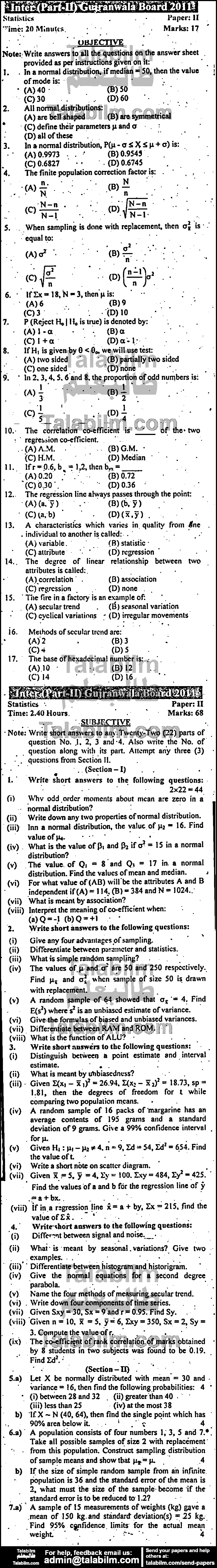 Statistics 0 past paper for Group-I 2011