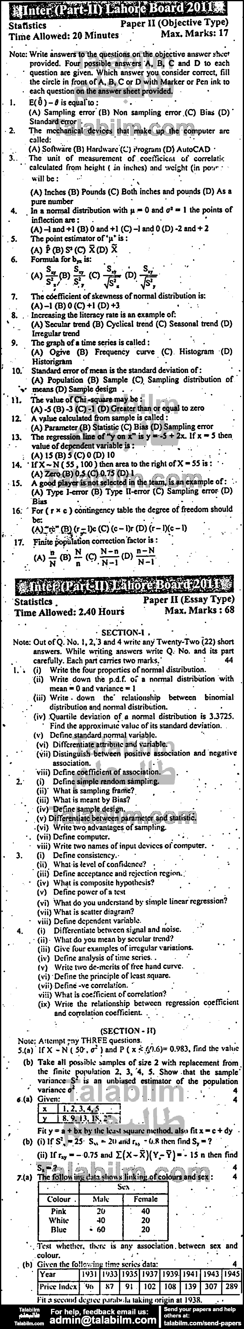 Statistics 0 past paper for Group-I 2011