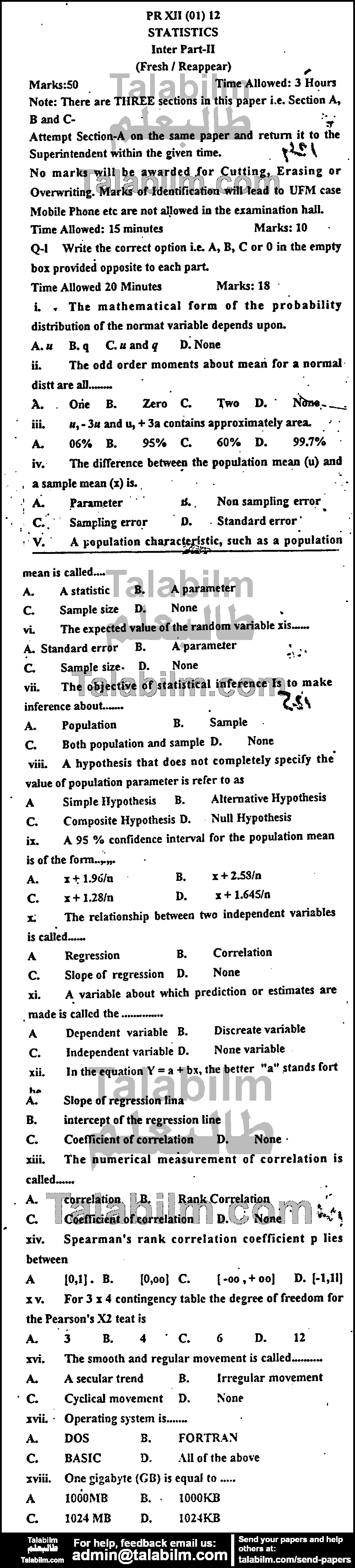 Statistics 0 past paper for Group-I 2012