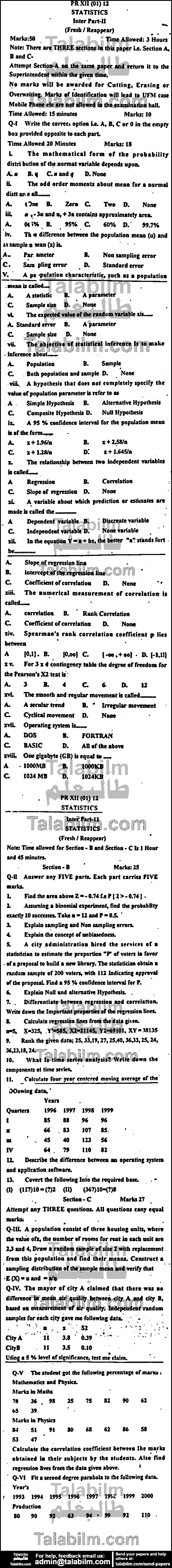 Statistics 0 past paper for Group-I 2012