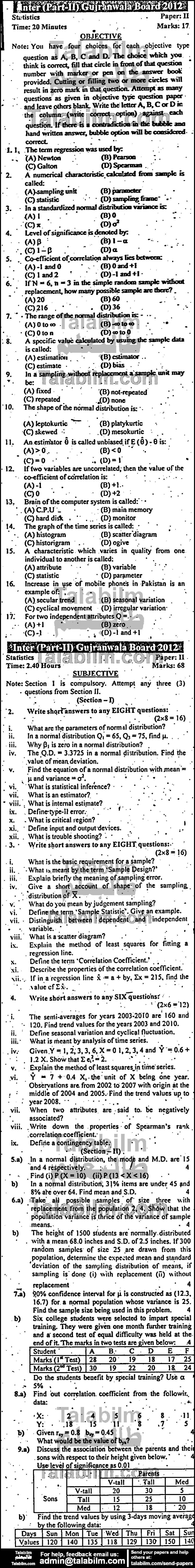 Statistics 0 past paper for Group-I 2012