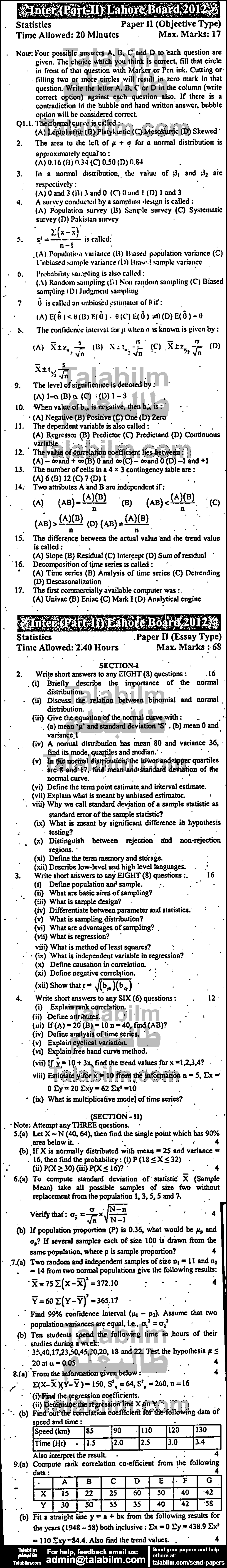 Statistics 0 past paper for Group-I 2012