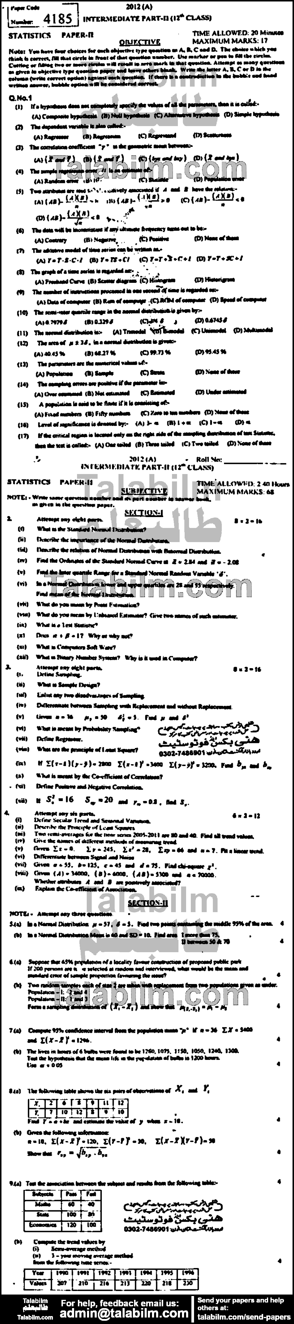 Statistics 0 past paper for Group-I 2012