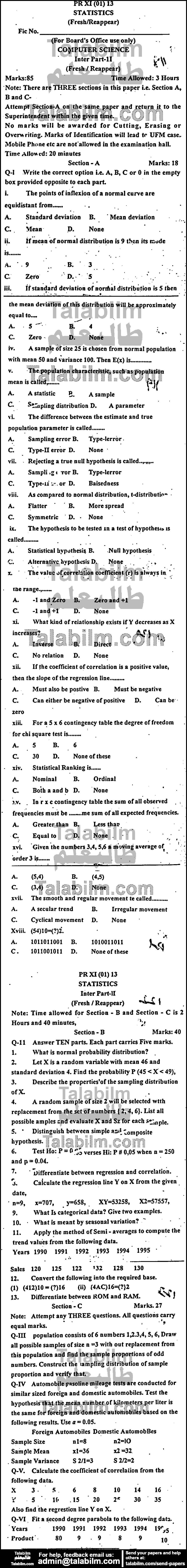 Statistics 0 past paper for Group-I 2013