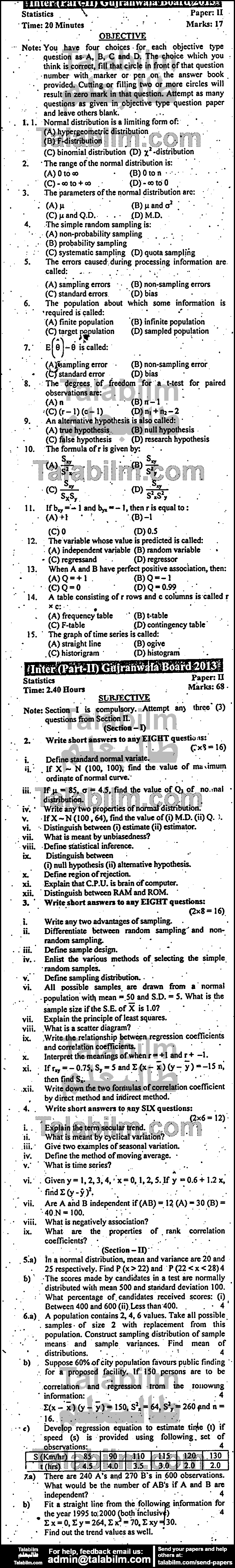 Statistics 0 past paper for Group-I 2013