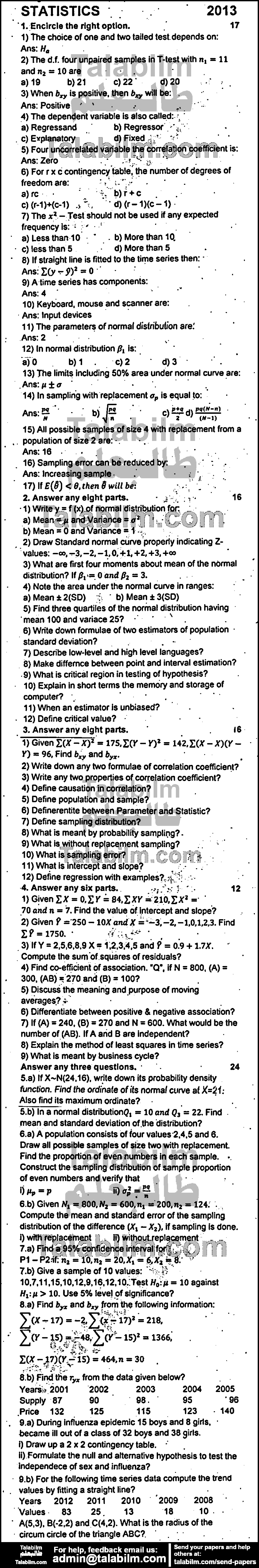 Statistics 0 past paper for Group-I 2013