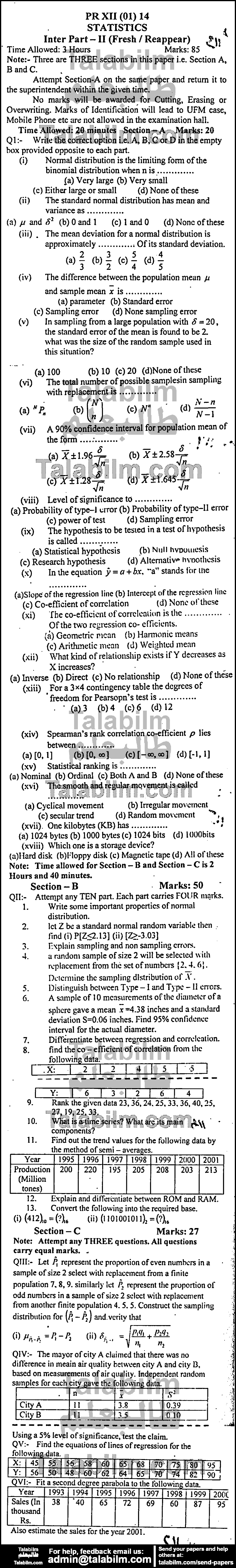 Statistics 0 past paper for Group-I 2014