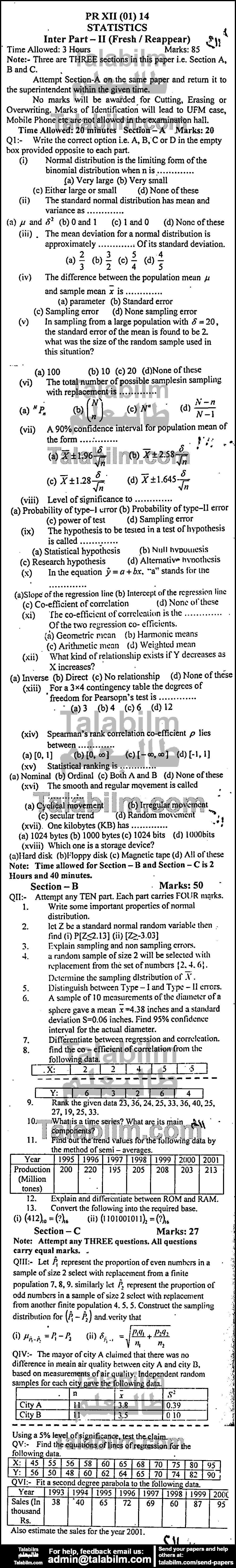 Statistics 0 past paper for Group-I 2014