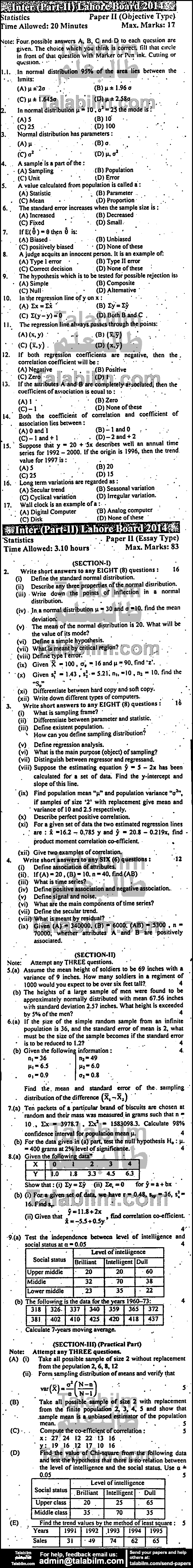 Statistics 0 past paper for Group-I 2014