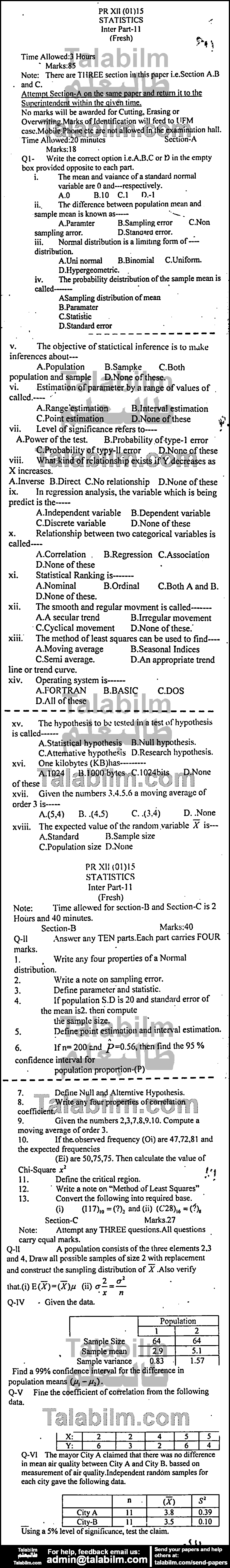 Statistics 0 past paper for Group-I 2015