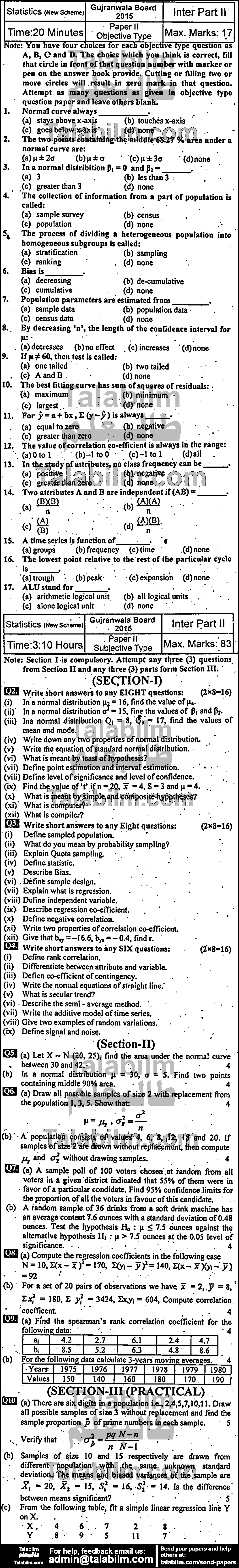 Statistics 0 past paper for Group-I 2015