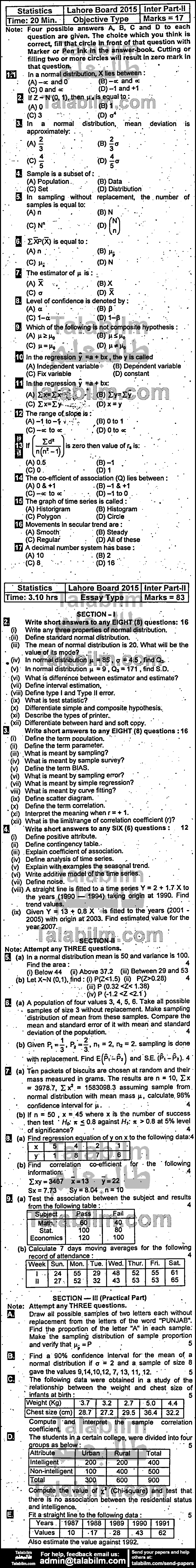 Statistics 0 past paper for Group-I 2015