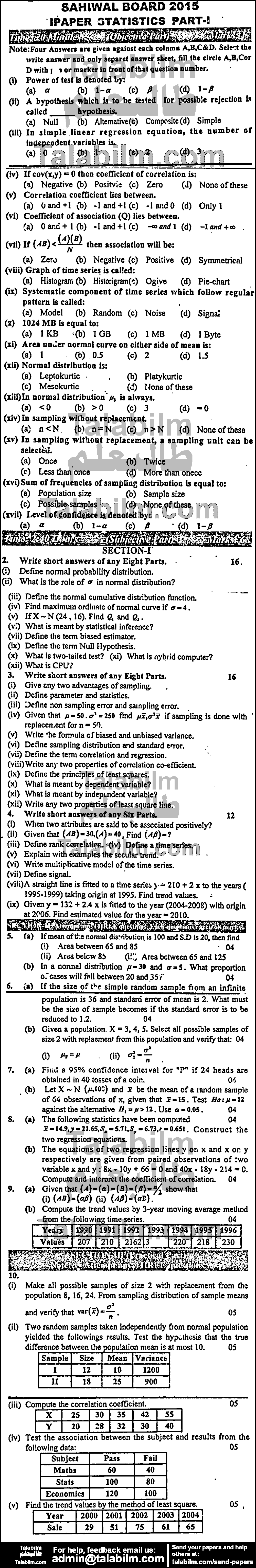 Statistics 0 past paper for Group-I 2015