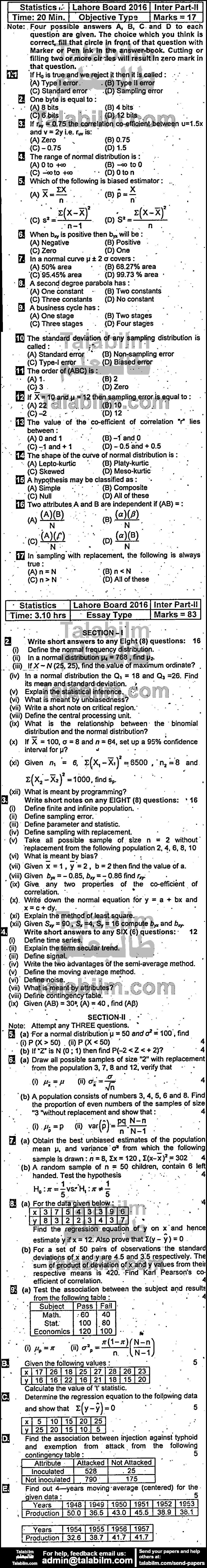 Statistics 0 past paper for Group-I 2016