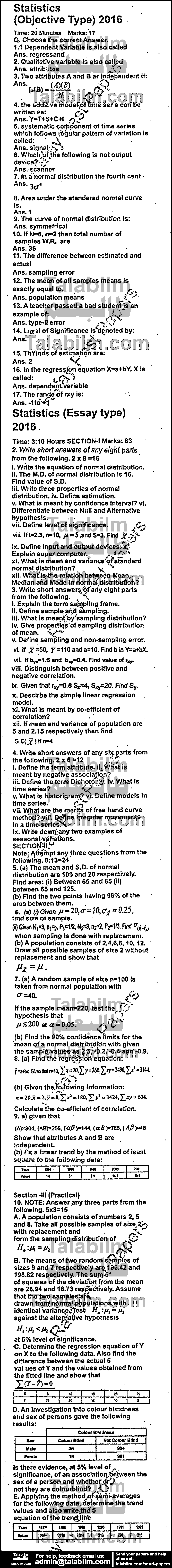 Statistics 0 past paper for Group-I 2016